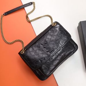 Saint Laurent Medium Niki Chain Bag In Crinkled And Quilted Leather Black/Gold