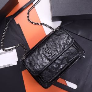 Saint Laurent Medium Niki Chain Bag In Crinkled And Quilted Leather Black/Silver