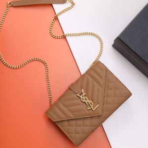 Saint Laurent Small Envelope Flap Bag In Quilted Grain De Poudre Embossed Leather Brown/Gold