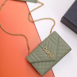 Saint Laurent Small Envelope Flap Bag In Quilted Grain De Poudre Embossed Leather Green/Gold