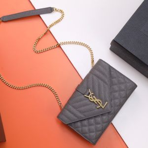 Saint Laurent Small Envelope Flap Bag In Quilted Grain De Poudre Embossed Leather Grey/Gold