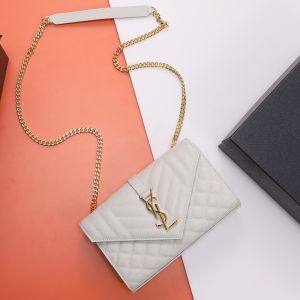 Saint Laurent Small Envelope Chain Bag In Mixed Grained Matelasse Leather White/Gold
