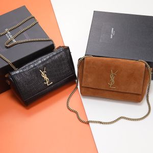 Saint Laurent Small Kate Reversible Bag In Crocodile-Embossed Leather and Suede Black/Gold