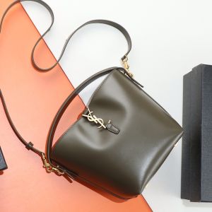 Saint Laurent Small Le 37 Bucket Bag In Shiny Leather Olive/Gold