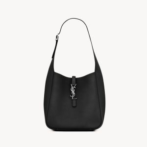 Saint Laurent Small Le 5 A 7 Supple Bag In Grained Leather Black/Silver