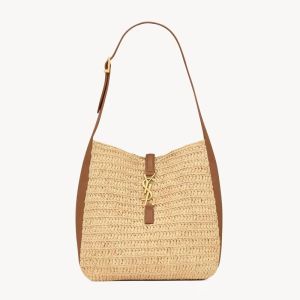 Saint Laurent Small Le 5 A 7 Supple Bag In Raffia And Leather Beige/Gold