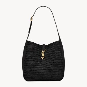 Saint Laurent Small Le 5 A 7 Supple Bag In Raffia And Leather Black/Gold