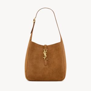 Saint Laurent Small Le 5 A 7 Supple Bag In Suede Brown/Gold