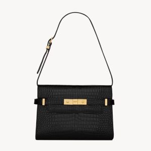 Saint Laurent Small Manhattan Shoulder Bag In Shiny Crocodile Embossed Leather Black/Gold