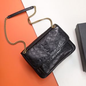 Saint Laurent Baby Niki Chain Bag In Crinkled And Quilted Leather Black/Gold