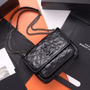 Saint Laurent Baby Niki Chain Bag In Crinkled And Quilted Leather Black/Silver