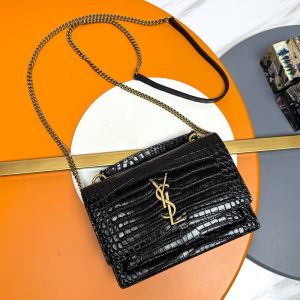 Saint Laurent Sunset Chain Wallet In Shiny Crocodile-Embossed Leather Black/Gold