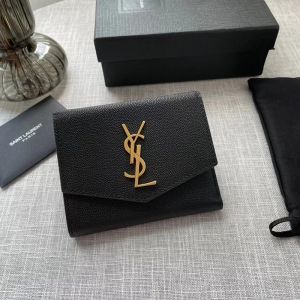 Saint Laurent Uptown Compact Wallet In Grain De Poudre Leather Black/Gold
