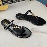 Saint Laurent Cassandra Flat Slides with T-Strap Women Patent Leather Black/Gold