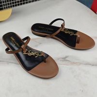 Saint Laurent Cassandra Flat Slides with T-Strap Women Smooth Leather Brown/Gold