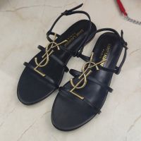 Saint Laurent Cassandra Open Sandals Women Smooth Leather With Bamboo Logo Black/Gold