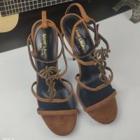 Saint Laurent Cassandra Stiletto Sandals Women Suede With Palm Tree Logo Brown/Gold