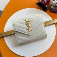 Saint Laurent Cassandre Compact Trifold Wallet In Matelasse Grain De Poudre Leather White/Gold