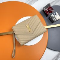 Saint Laurent Cassandre Flap Pouch In Matelasse Grain De Poudre Leather Apricot/Gold