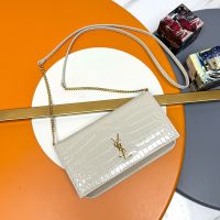 Saint Laurent Cassandre Phone Holder In Shiny Crocodile-Embossed Leather White/Gold