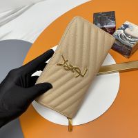 Saint Laurent Cassandre Zip Around Wallet In Matelasse Grain De Poudre Leather Apricot/Gold