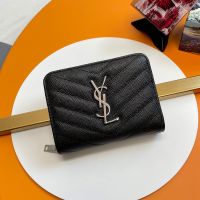 Saint Laurent Cassandre Compact Zip Around Wallet In Matelasse Grain De Poudre Leather Black/Silver