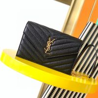 Saint Laurent Cassandre Envelope Chain Wallet In Grain De Poudre Leather Black/Gold