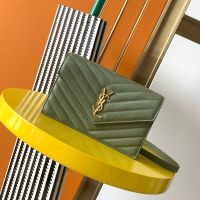 Saint Laurent Cassandre Envelope Chain Wallet In Grain De Poudre Leather Green/Gold