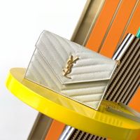 Saint Laurent Cassandre Envelope Chain Wallet In Grain De Poudre Leather White/Gold