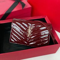 Saint Laurent Cassandre Envelope Chain Wallet In Patent Leather Burgundy/Gold