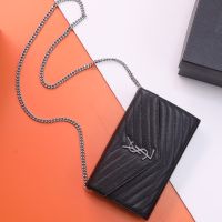 Saint Laurent Large Monogram Chain Wallet In Grained Matelasse Leather Black/Silver