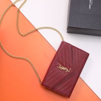 Saint Laurent Large Monogram Chain Wallet In Grained Matelasse Leather Red/Gold