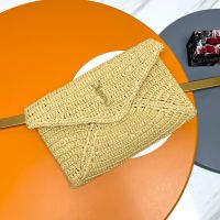 Saint Laurent Large Cassandre Envelope Pouch In Raffia Beige/Gold