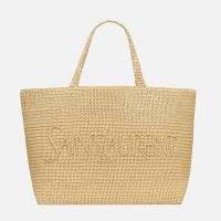 Saint Laurent Logo Signature Tote In Raffia Beige