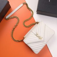 Saint Laurent Medium College Chain Bag In Quilted Leather White/Gold