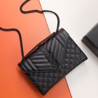 Saint Laurent Medium Envelope Chain Bag In Mixed Grained Matelasse Leather Black
