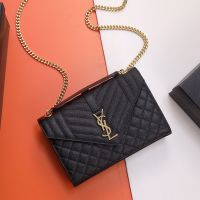 Saint Laurent Medium Envelope Chain Bag In Mixed Grained Matelasse Leather Black/Gold