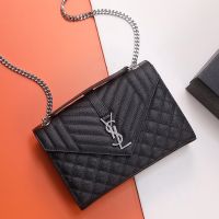 Saint Laurent Medium Envelope Chain Bag In Mixed Grained Matelasse Leather Black/Silver