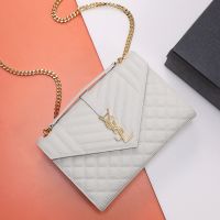Saint Laurent Medium Envelope Chain Bag In Mixed Grained Matelasse Leather White/Gold