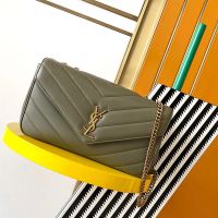 Saint Laurent Medium Loulou Chain Bag In Matelasse Lambskin Olive/Gold