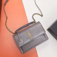 Saint Laurent Medium Sunset Satchel In Box Leather Grey/Gold