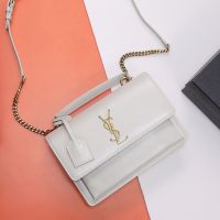 Saint Laurent Medium Sunset Satchel In Box Leather White/Gold