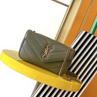 Saint Laurent Mini Loulou Chain Bag In Matelasse Lambskin Olive/Gold