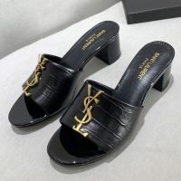 Saint Laurent Monogram Heeled Slides Women Crocodile Embossed Leather Black/Gold