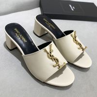 Saint Laurent Monogram Heeled Slides Women Smooth Leather Beige/Gold