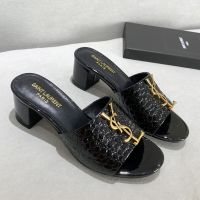 Saint Laurent Monogram Heeled Slides Women Stone Grain Leather Black/Gold