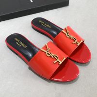 Saint Laurent Monogram Slides Women Patent Leather Red/Gold
