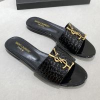 Saint Laurent Monogram Slides Women Stone Grain Leather Black/Gold