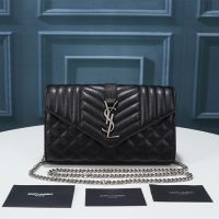 Saint Laurent Large Monogram Chain Wallet In Mixed Grained Matelasse Leather Black/Silver