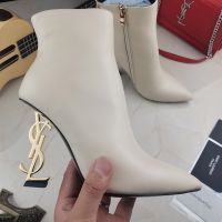 Saint Laurent Opyum Ankle Boots Women Smooth Leather Beige/Gold
